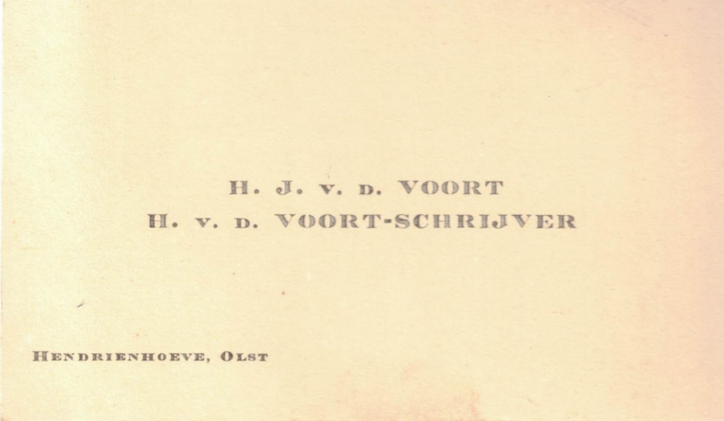 Bekijk detail van "Visitekaartjes: H. Schrijver en G. Schrijver- Gerritsen; H.J. v.d. Voort en H. v.d. Voort- Schrijver, 1930"