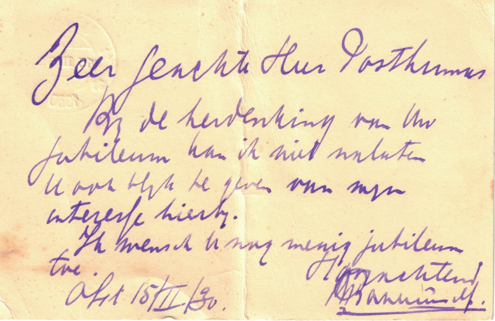 Bekijk detail van "Briefkaart met felicitatie, afzender R. Bakhuis Mzn, 1930"