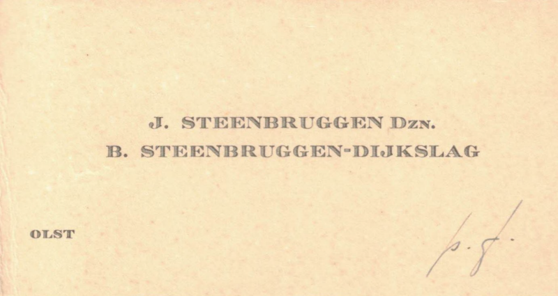 Bekijk detail van "Visitekaartjes: J. Steenbruggen Dzn en B. Steenbruggen-Dijkslag + D. Steenbruggen Jzn en . Steenbruggen-Bredenoort, 1930"