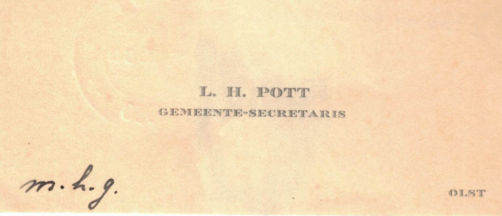 Bekijk detail van "Visitekaartje: L.H. Pott, gemeente secretaris, 1930"