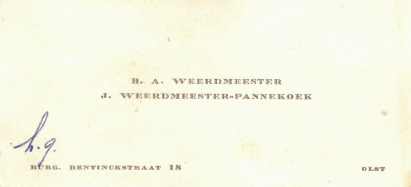 Bekijk detail van "Visitekaartje: B.A. Weerdmeester en J. Weerdmeester-Pannekoek, 1950"