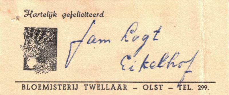 Bekijk detail van "Bloemenkaartje: Fam. Logt Eikelhof, 1950"