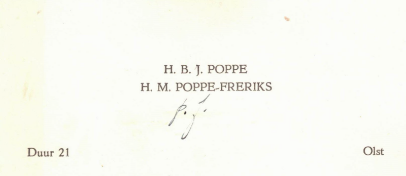 Bekijk detail van "Visitekaartje: H.B.J. Poppe en H.M. Poppe-Freriks, 1950"