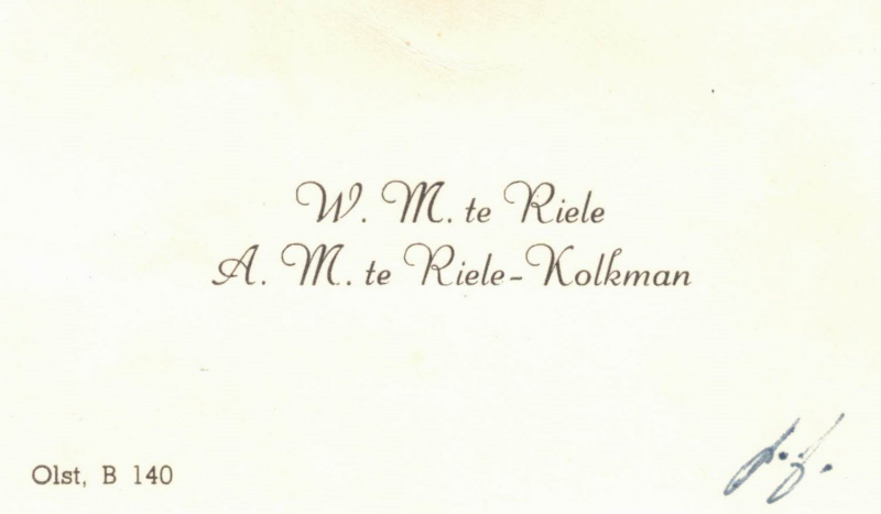 Bekijk detail van "Visitekaartje W.M. te Riele en A.M. te Riele-Kolkman, 1950"