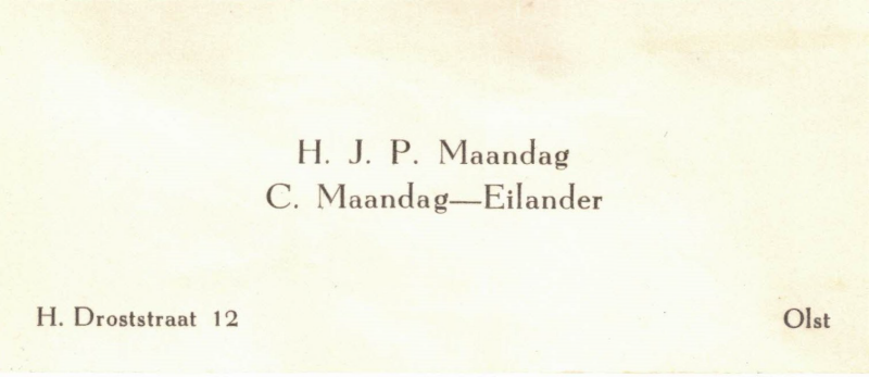 Bekijk detail van "Visitekaartje H.J.P. Maandag en C. Maandag-Eilander, 1950"