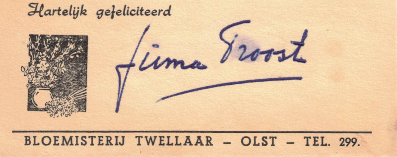 Bekijk detail van "Bloemenkaartje Firma Troost, juwelier/opticien, 1950"