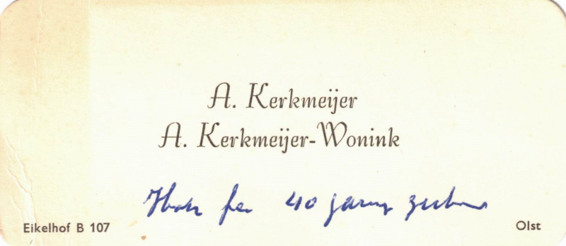 Bekijk detail van "Visitekaartje A. Kerkmeijer en A. Kerkmeijer-Wonink, 1950"