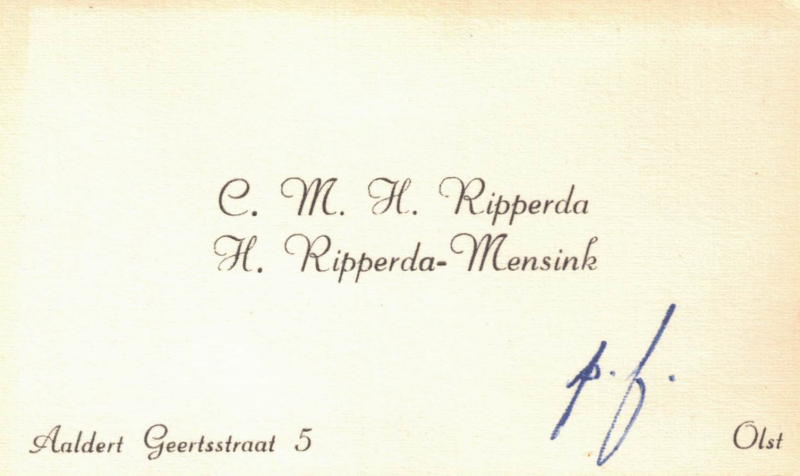 Bekijk detail van "Visitekaartje C.M.H. Ripperda en H. Ripperda-Mensink, 1950"