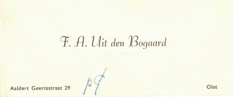 Bekijk detail van "Visitekaartjes A.G. Uit den Bogaard en F.A. Uit den Bogaard, 1950"