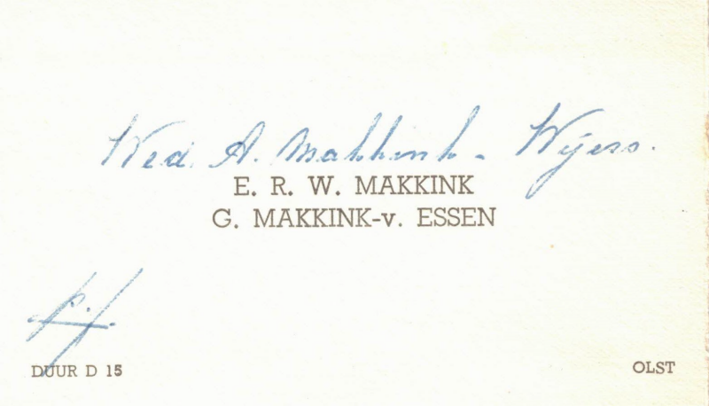 Bekijk detail van "Visitekaartje Wed. A. Makkink-Wijers, 
E.R.W. Makkink en G. Makkink-v. Essen, 1950"