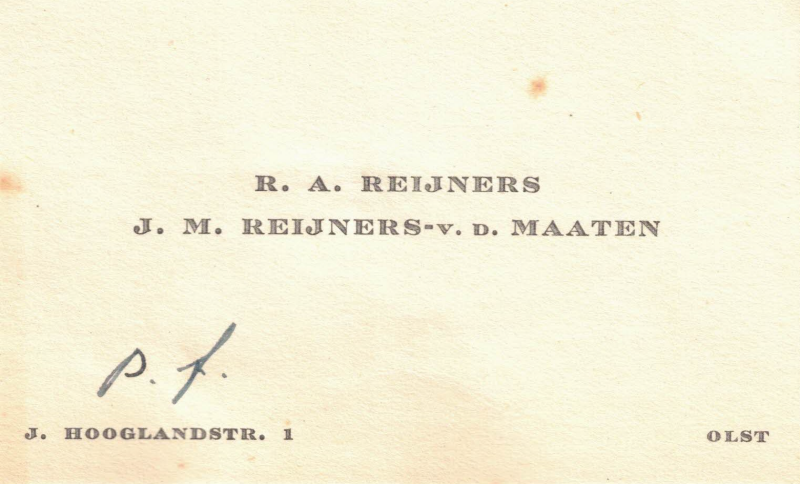 Bekijk detail van "Visitekaartje R.A. Reijners en J.M. Reijners-v.d. Maaten, 1950"