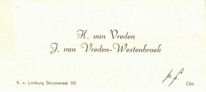 Bekijk detail van "Visitekaartje: H. van Vreden en J. van Vreden-Westenbroek, 1950"