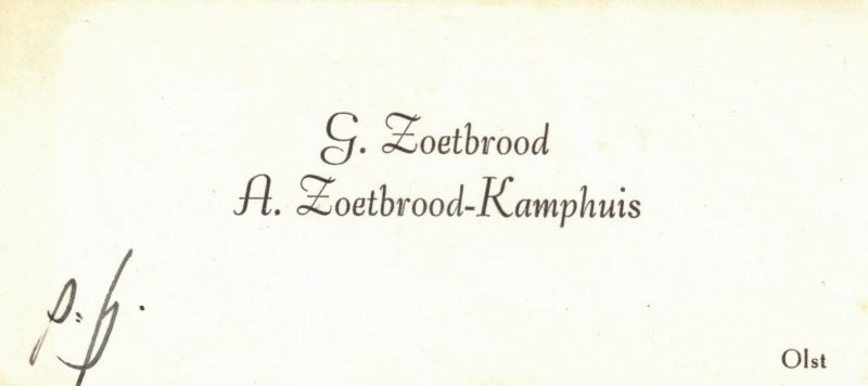 Bekijk detail van "Visitekaartje: G. Zoetbrood en A. Zoetbrood-Kamphuis, 1950"