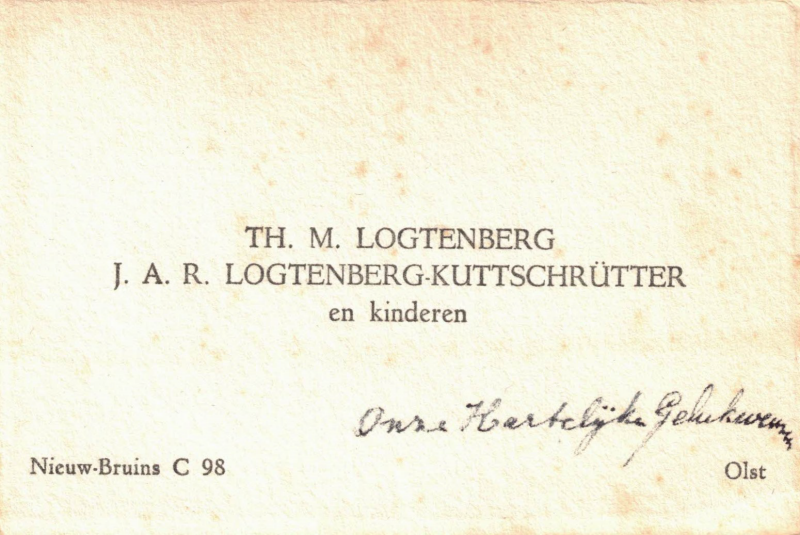 Bekijk detail van "Visitekaartje: Th. M. Logtenberg en J.A.R. Logtenberg-Kuttschrütter, 1950"