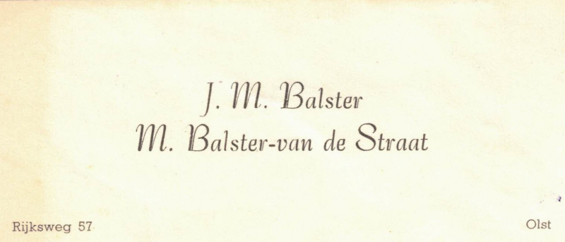 Bekijk detail van "Visitekaartje: J.M. Balster en M. Balster-van de Straat, 1950"