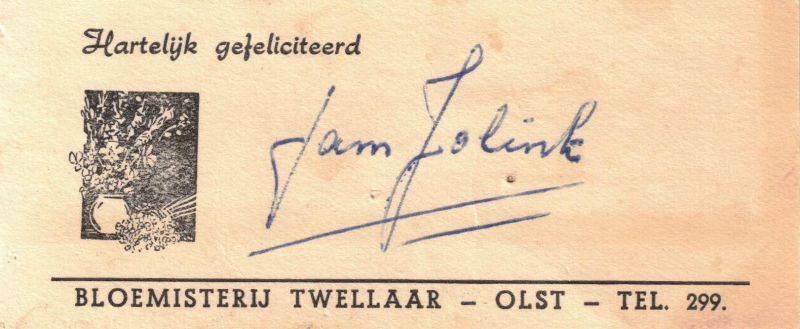 Bekijk detail van "Bloemenkaartje: Fam. Jolink, 1950"