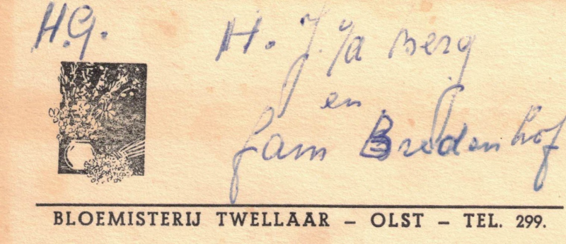 Bekijk detail van "Bloemenkaartje: H.J. v.d. Berg en Fam. Bredenhof, 1950"