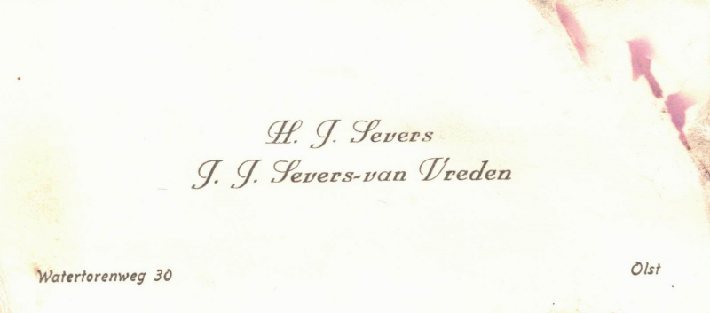 Bekijk detail van "Visitekaartje: H.J. Severs en J.J. Severs- van Vreden, 1950"