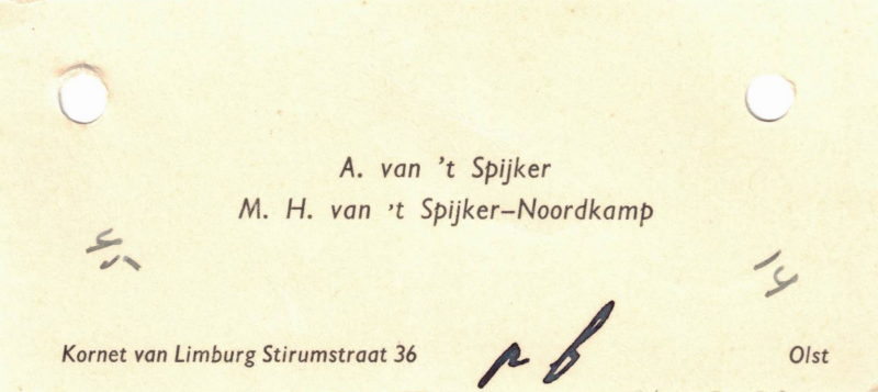 Bekijk detail van "Visitekaartje: A. van 't Spijker en M.H. van 't Spijker-Noordkamp, 1954"