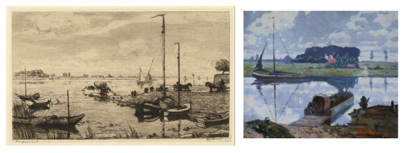 Bekijk detail van "De ets van Waalko Jans Dingemans (1873-1925) uit 1925 en het schilderij van Alfred Streubel (1861-1947) uit 1926 van het Katerveer te Zwolle belichtten de problematiek met het oude pontveer over de IJssel Rivier"