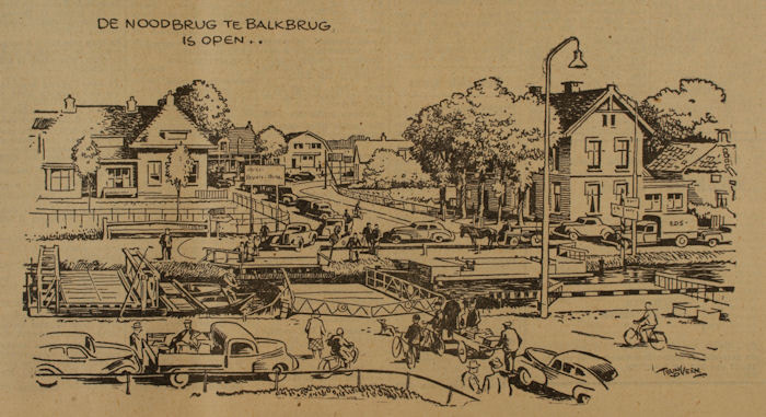 De brug in Balkbrug, op een tekening van Teun van der Veen uit 1949.