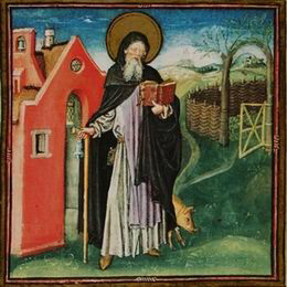 Antonius Abt met varken uit het Getijdenboek van Catharina van Kleef, ca. 1440 (bron: Stadsarchief en Athenaeumbibliotheek Deventer).
