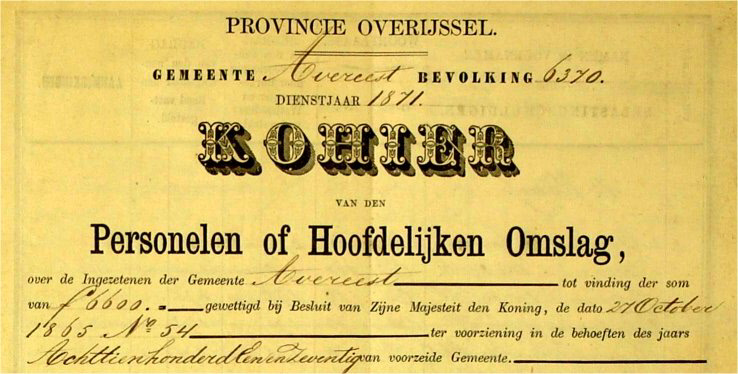 voorblad kohier hoofdelijke omslag Avereest 1871